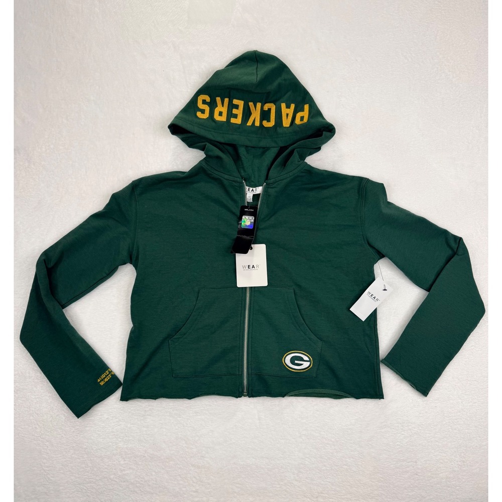 WEAR by Erin Andrews Green Bay Packers Cropped Full Zip Hoodie Green XS NEW